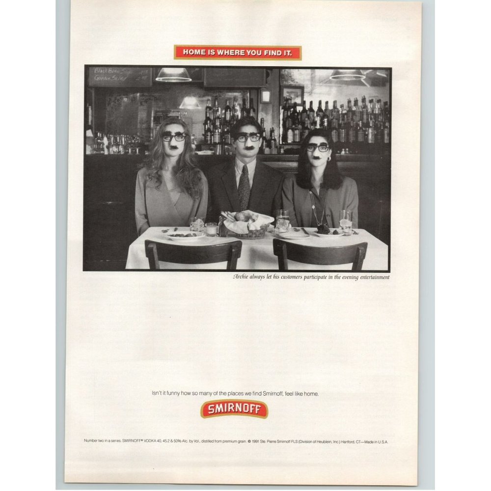 1991 Smirnoff Vodka Vintage Print Ad Home is Where You Find It Funny Faces